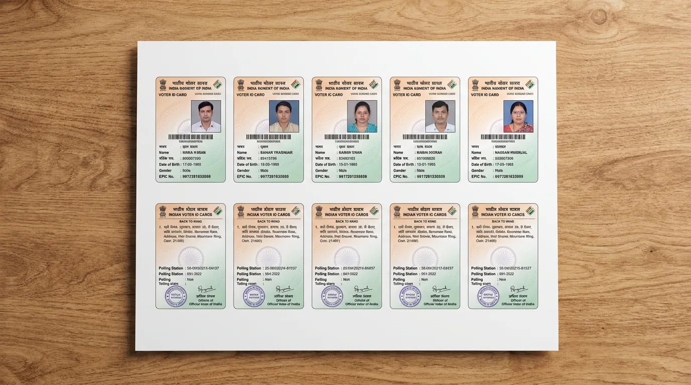 Top-down view of a single A4 landscape sheet on a wooden desk, carrying ten printed voter ID cards.